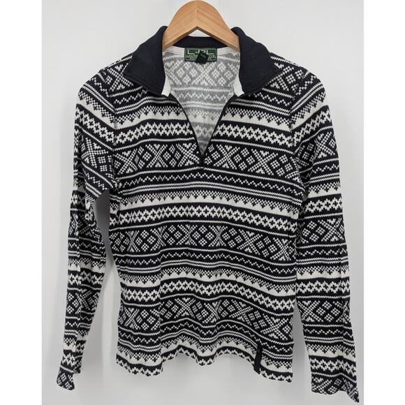 Lauren Ralph Lauren Active Black & White Fair Isle 1/4 Zip Sweater L 100% Cotton - Picture 1 of 3